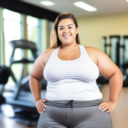 A young, obese female wearing a white crop top and gym shorts