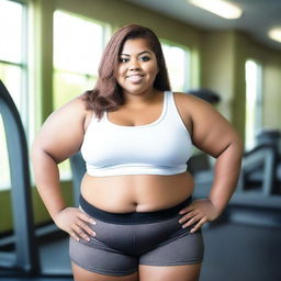 A young, obese female wearing a white crop top and gym shorts