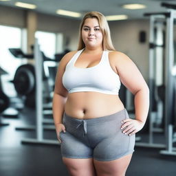 A young, obese female wearing a white crop top and gym shorts that are visibly tight and appear to be bursting at the seams