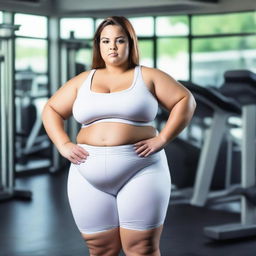 A young, obese female wearing a white crop top and gym shorts that are visibly tight and appear to be bursting at the seams