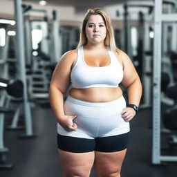 A young, obese female wearing a white crop top and gym shorts that are visibly tight and appear to be bursting at the seams