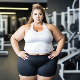 A young, obese female wearing a white crop top and gym shorts that are visibly tight and appear to be bursting at the seams