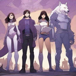 An illustration featuring a girl with long, dark, wavy hair standing next to a tall, very muscular white boy