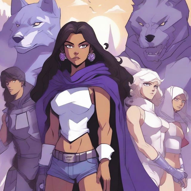 An illustration featuring a girl with long, dark, wavy hair standing next to a tall, very muscular white boy