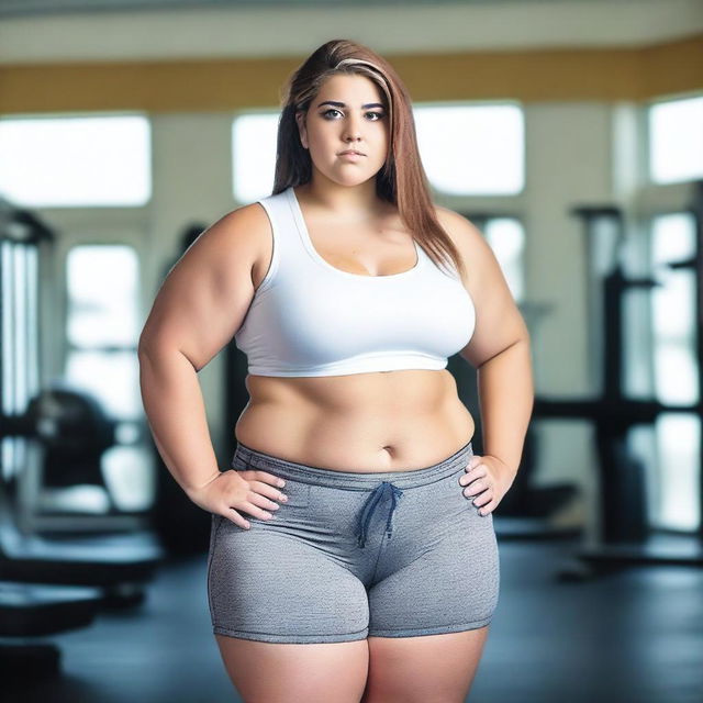 A young, obese female wearing a white crop top and gym shorts