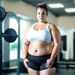 A young, obese female wearing a white crop top and gym shorts