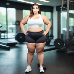 A young, obese female wearing a white crop top and gym shorts