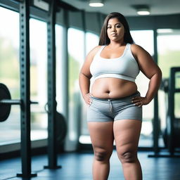 A young, obese female wearing a white crop top and gym shorts