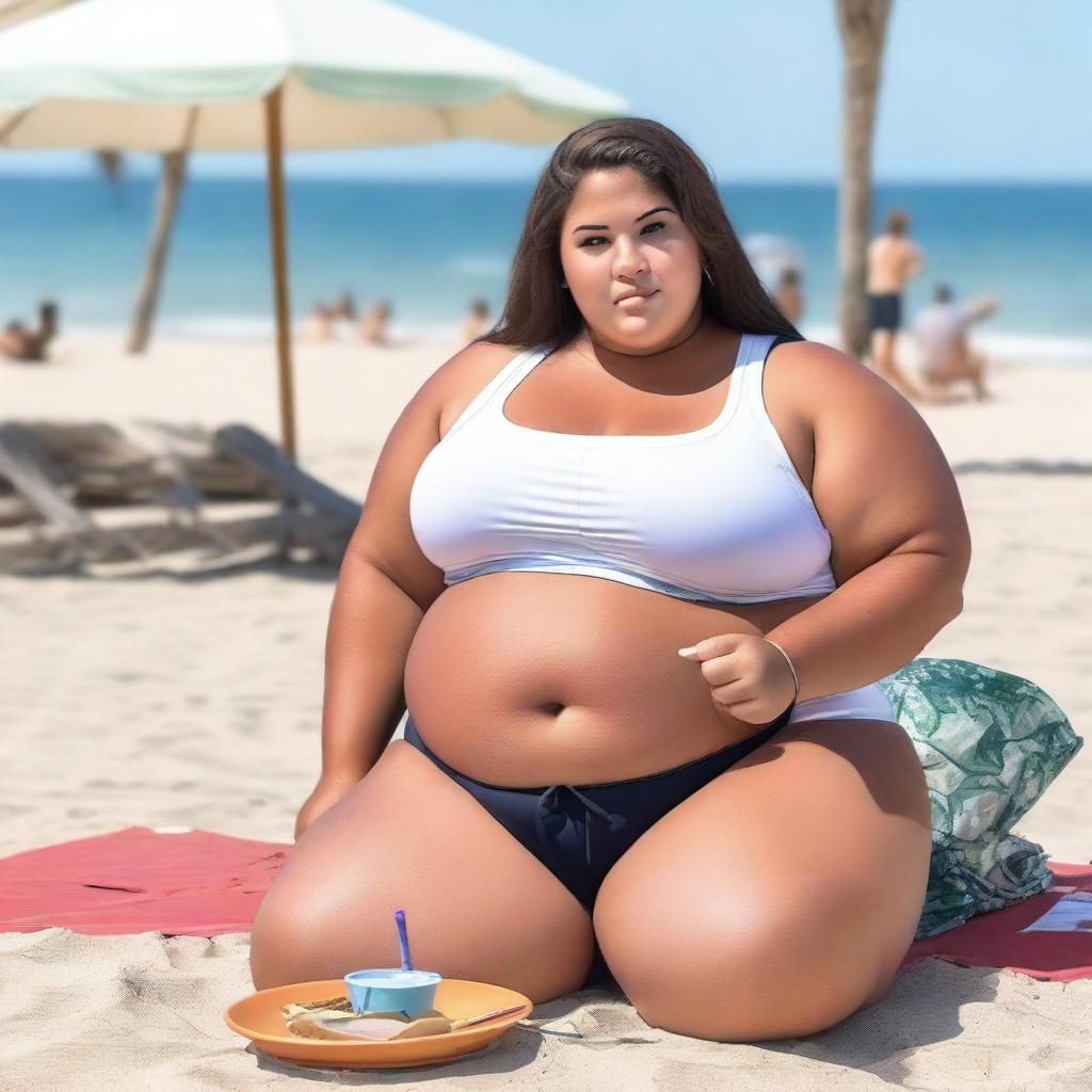 A young, obese female wearing a white crop top and gym shorts