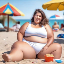 A young, obese female wearing a white crop top and gym shorts