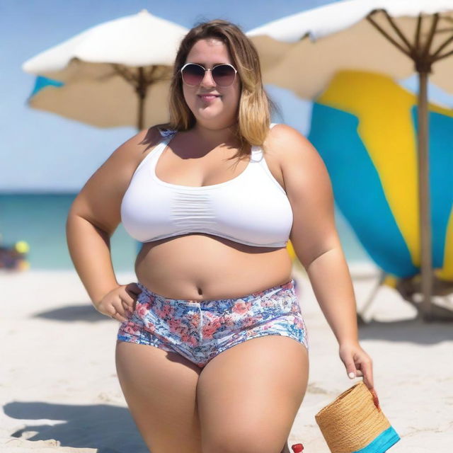 A young, obese female wearing a white crop top and gym shorts