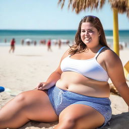 A young, obese female wearing a white crop top and gym shorts