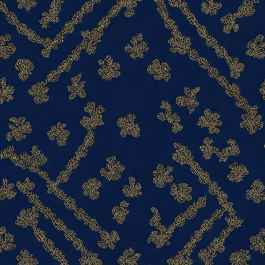 A realistic romantic pattern design in 4k resolution featuring the outline of a unisex couple under the 'Blue Lady' concept. A navy blue background complements intricate golden details, creating a rich contrast.