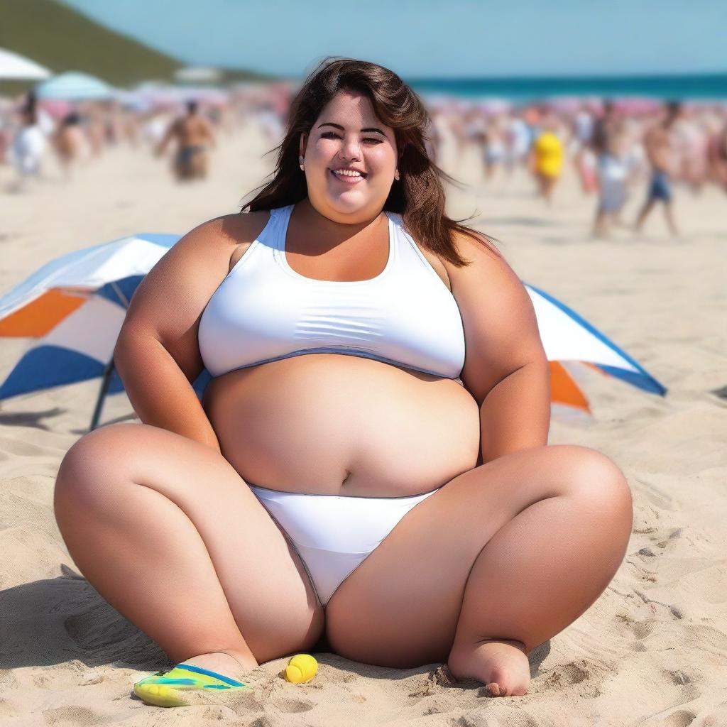 A young, obese female wearing a white crop top and gym shorts