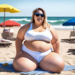 A young, obese female wearing a white crop top and gym shorts