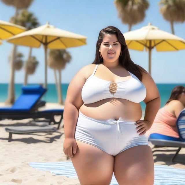 A young, obese female wearing a white crop top and gym shorts