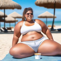 A young, obese female wearing a white crop top and gym shorts