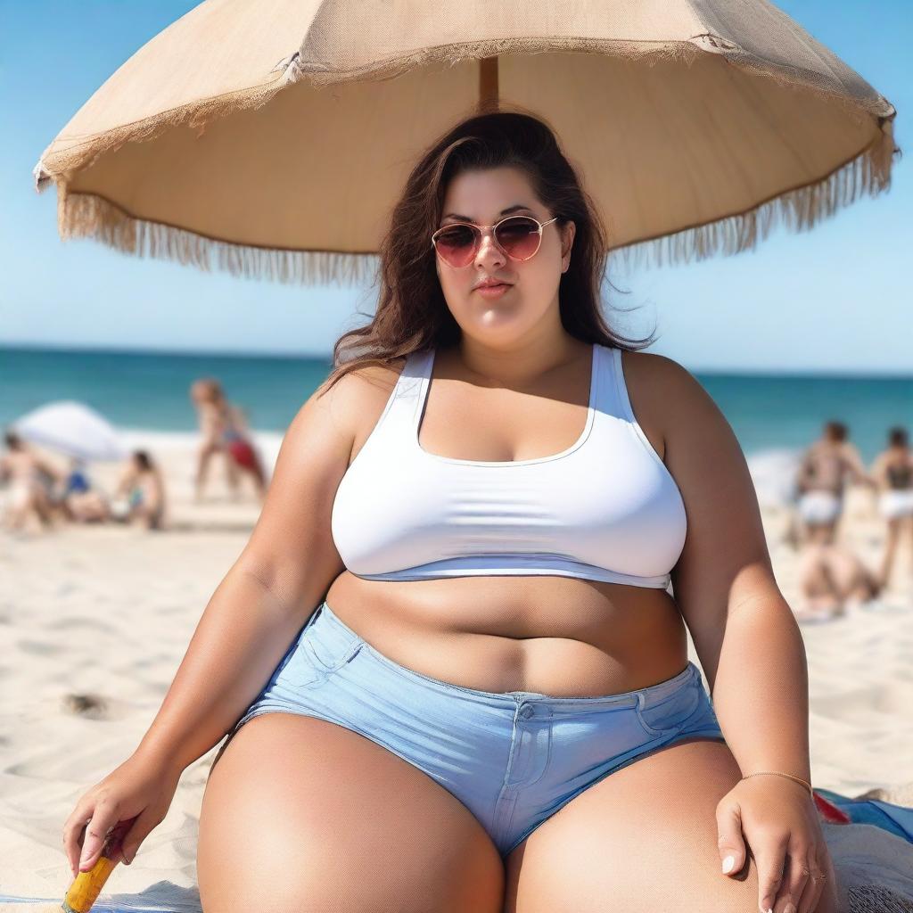 A young, obese female wearing a white crop top and gym shorts