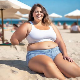 A young, obese female wearing a white crop top and gym shorts