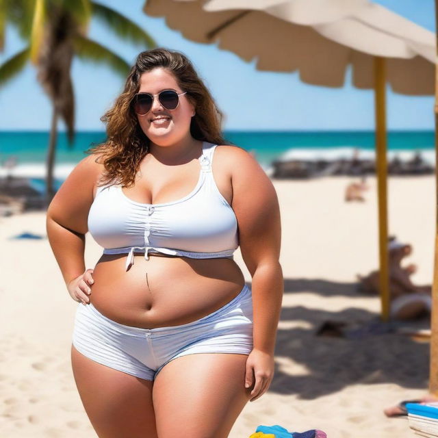 A young, obese female wearing a white crop top and gym shorts