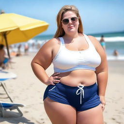 A young, obese female wearing a white crop top and gym shorts