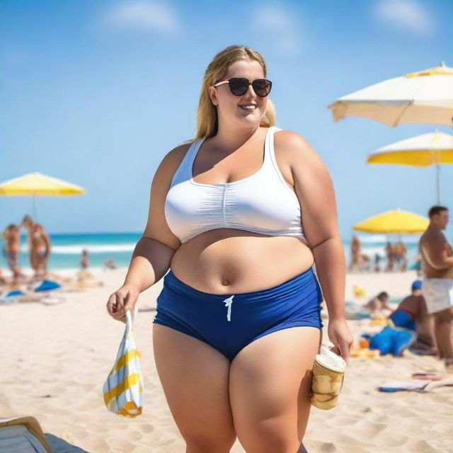 A young, obese female wearing a white crop top and gym shorts