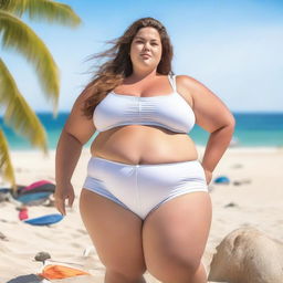 A young, obese female wearing a white crop top and gym shorts