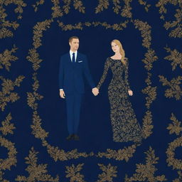 A realistic romantic pattern design in 4k resolution featuring the outline of a unisex couple under the 'Blue Lady' concept. A navy blue background complements intricate golden details, creating a rich contrast.