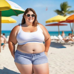 A young, obese female wearing a white crop top and gym shorts