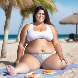 A young, obese female wearing a white crop top and gym shorts