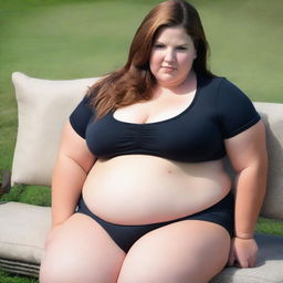 A young, obese female with her belly exposed, showing multiple rolls of fat and cellulite