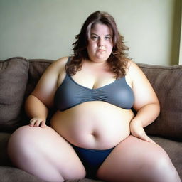 A young, obese female with her belly exposed, showing multiple rolls of fat and cellulite