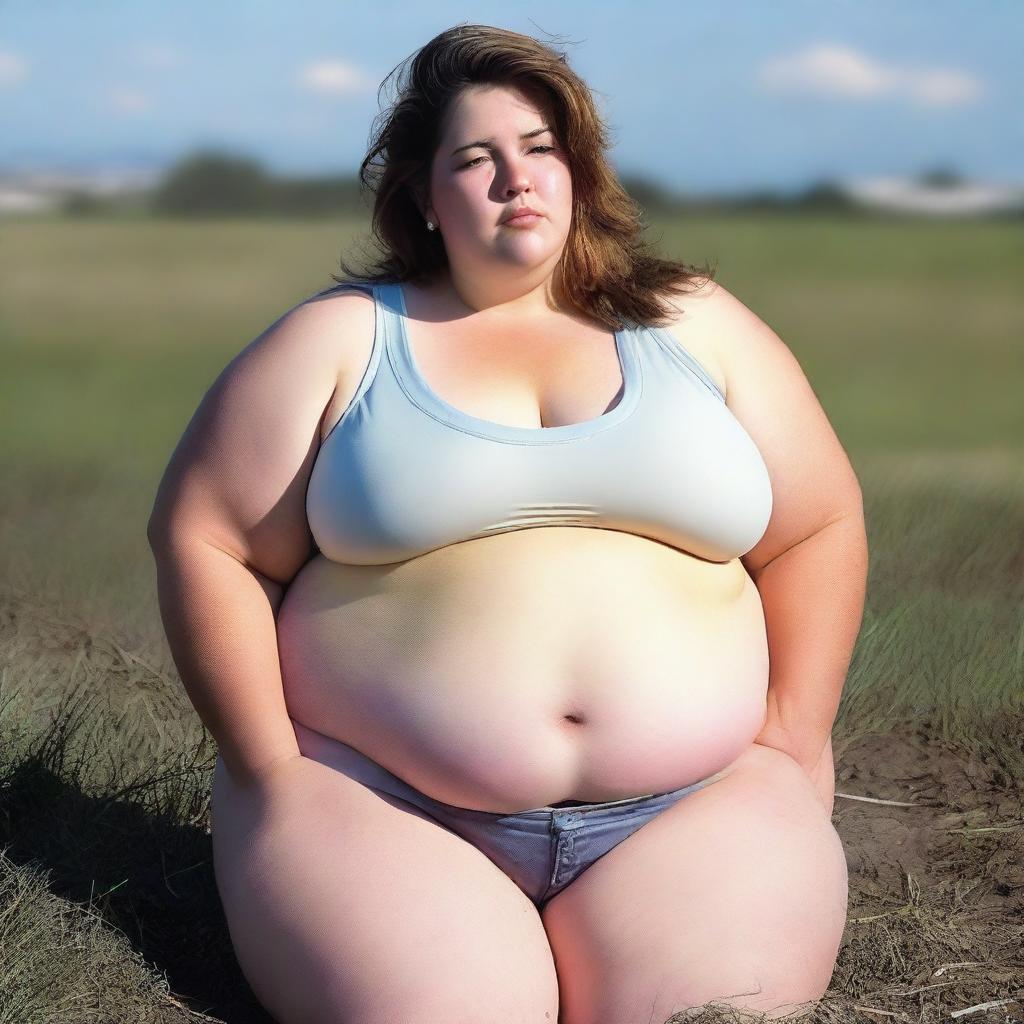 A young, obese female with her belly exposed, showing multiple rolls of fat and cellulite