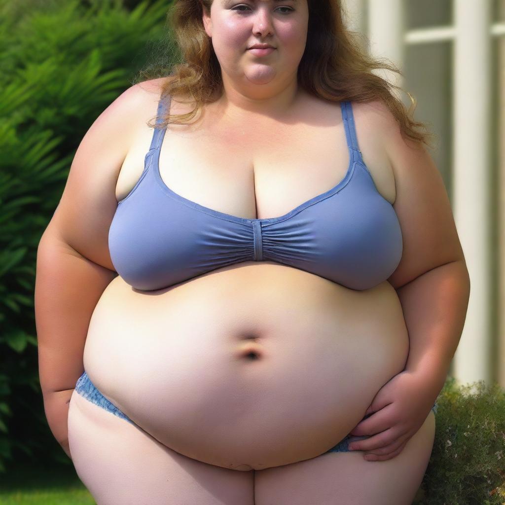 A young, obese female with her belly exposed, showing multiple rolls of fat and cellulite