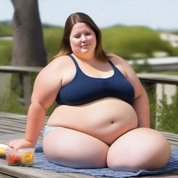 A young, obese female with her belly exposed, showing multiple rolls of fat and cellulite