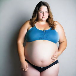 A young, obese female with her belly exposed, showing multiple rolls of fat and cellulite