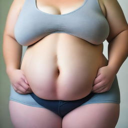 A young, obese female with her belly exposed, showing multiple rolls of fat and cellulite