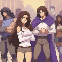 A scene in the middle of a war featuring a girl with long, dark, wavy hair, standing next to a tall, very muscular white boy