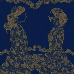 A realistic romantic pattern design in 4k resolution featuring the outline of a unisex couple under the 'Blue Lady' concept. A navy blue background complements intricate golden details, creating a rich contrast.