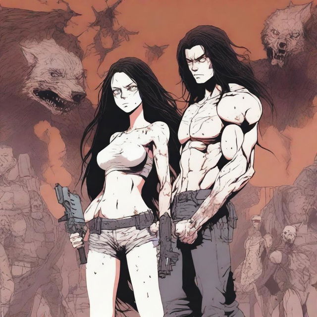 A scene in the middle of a bloody war featuring a girl with long, dark, wavy hair, standing next to a tall, very muscular white boy