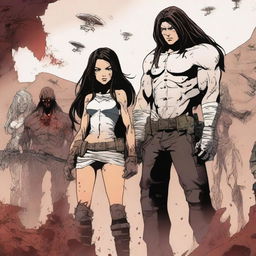 A scene in the middle of a bloody war featuring a girl with long, dark, wavy hair, standing next to a tall, very muscular white boy