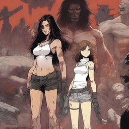 A scene in the middle of a bloody war featuring a girl with long, dark, wavy hair, standing next to a tall, very muscular white boy