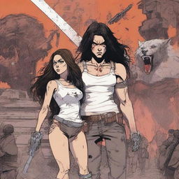 A scene in the middle of a bloody war featuring a girl with long, dark, wavy hair, standing next to a tall, very muscular white boy