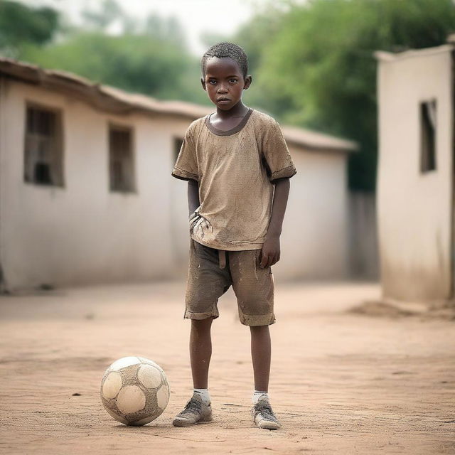 A young, impoverished soccer player on a dusty field, wearing worn-out clothes and tattered shoes, with a determined look on his face as he practices his skills with an old, patched-up soccer ball