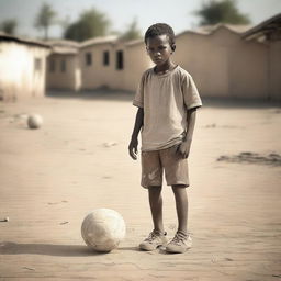 A young, impoverished soccer player on a dusty field, wearing worn-out clothes and tattered shoes, with a determined look on his face as he practices his skills with an old, patched-up soccer ball