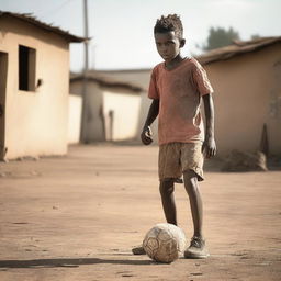 A young, impoverished soccer player on a dusty field, wearing worn-out clothes and tattered shoes, with a determined look on his face as he practices his skills with an old, patched-up soccer ball