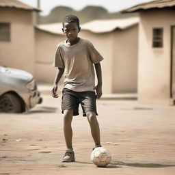 A young, impoverished soccer player on a dusty field, wearing worn-out clothes and tattered shoes, with a determined look on his face as he practices his skills with an old, patched-up soccer ball