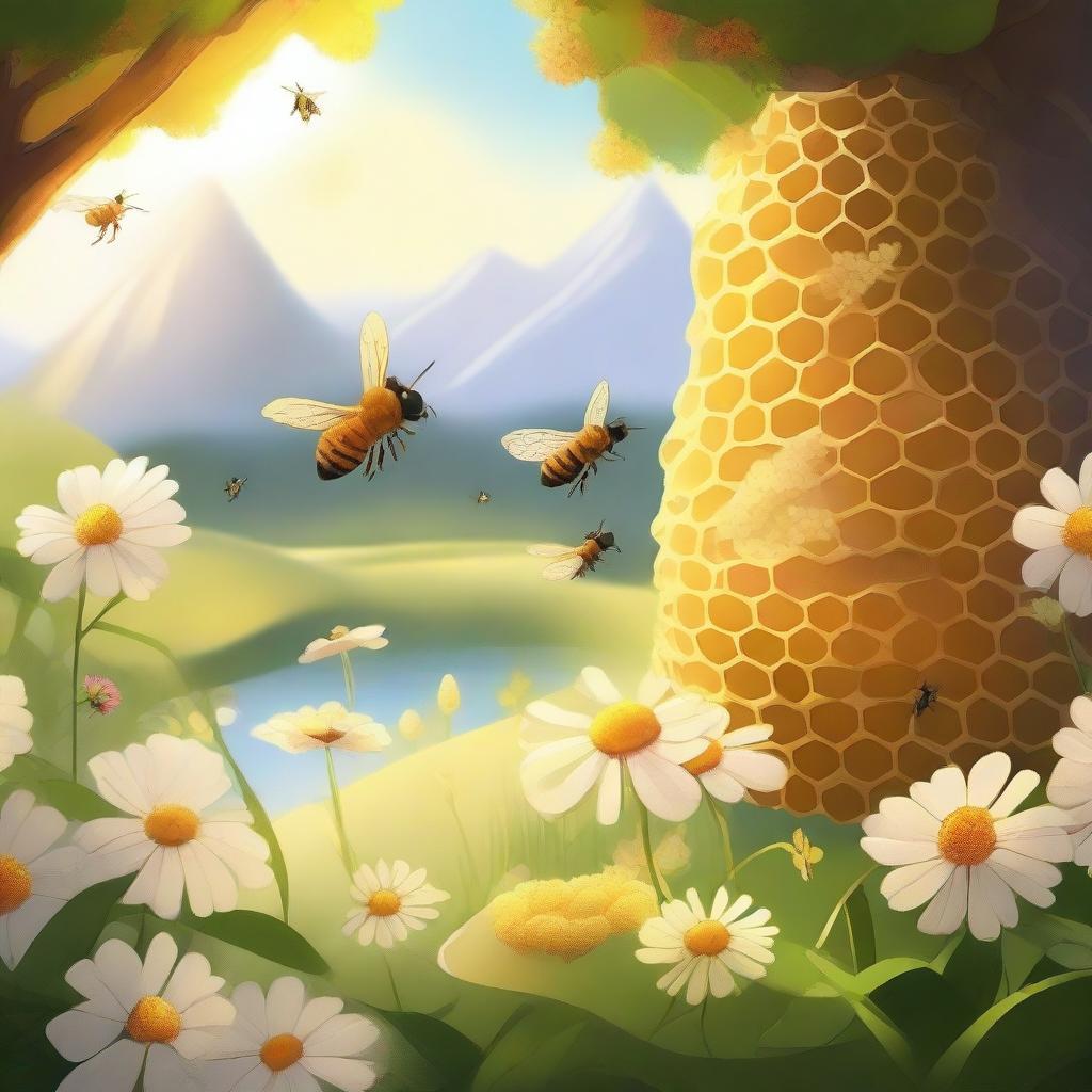 A serene and picturesque honey haven, featuring golden honeycombs, buzzing bees, and lush flowers