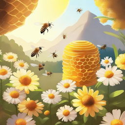 A serene and picturesque honey haven, featuring golden honeycombs, buzzing bees, and lush flowers