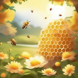 A serene and picturesque honey haven, featuring golden honeycombs, buzzing bees, and lush flowers